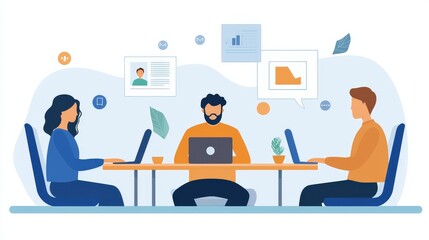 Poster - A team of professionals using digital collaborative tools, engaging in an online meeting while sharing ideas via laptops, with a focus on teamwork.