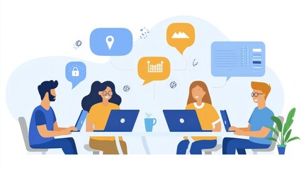 Poster - A team of professionals using digital collaborative tools, engaging in an online meeting while sharing ideas via laptops, with a focus on teamwork.