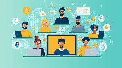 Poster - A team of professionals using digital collaborative tools, engaging in an online meeting while sharing ideas via laptops, with a focus on teamwork.