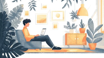 Poster - A telecommuter enjoying a virtual meeting while working remotely in a comfortable home setting, illustrating the connection and productivity of telecommuting.