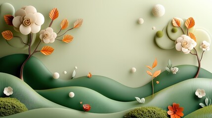 Poster - An artistic 3D wallpaper design with nature-inspired elements, such as trees, leaves, and flowers, creating a calming and immersive environment