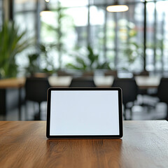 Poster - Blank tablet with a white screen in a modern office setting, perfect for a digital display or mockup