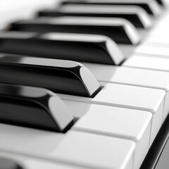 close-up view of piano keys, showcasing their glossy black and white design. The elegant lighting emphasizes the texture and shine, symbolizing music, creativity, and artistic expression