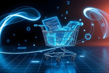 Poster - A shopping cart full of digital documents. automated invoice and receipt management concept.
