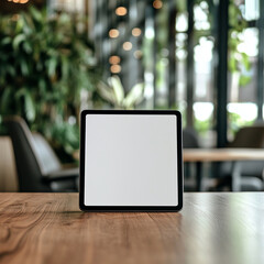 Poster - Blank tablet screen in a modern office space with plants and a clean wooden table for a mockup or digital display