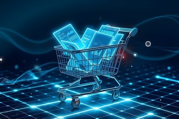 Poster - A shopping cart full of digital documents. automated invoice and receipt management concept.
