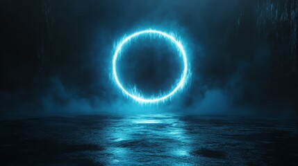 a radiant glowing circle in icy blue tones floating on a matte dark backdrop