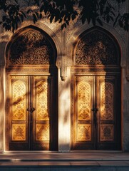 Leinwandbilder - Elegant wooden doors with intricate carvings illuminated by warm sunlight in a historic architecture setting. Generative AI