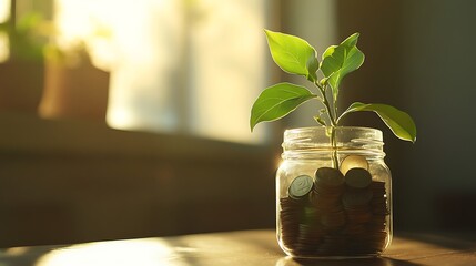 A healthy green plant emerging from a jar of coins placed in natural light symbolizing financial growth and prosperity