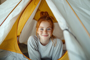 young pretty redhead girl inside a camping tent