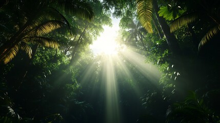 Canvas Print - Sunbeams Through Lush Tropical Rainforest Canopy