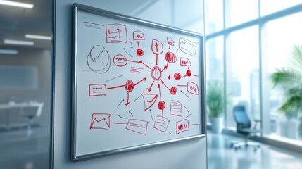 Poster - Workflow diagram visualizing project plans office space bright environment side angle perspective
