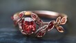 © Benjarin - Elegant Rose Gold Ring with Stunning Red Gemstone and Floral Design