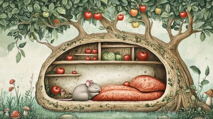 Poster - Cozy mouse nest nestled in an apple tree surrounded by lush greenery. Generative AI