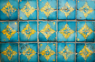 Stunning Teal and Yellow Tile Mosaic: A Vintage Design Masterpiece