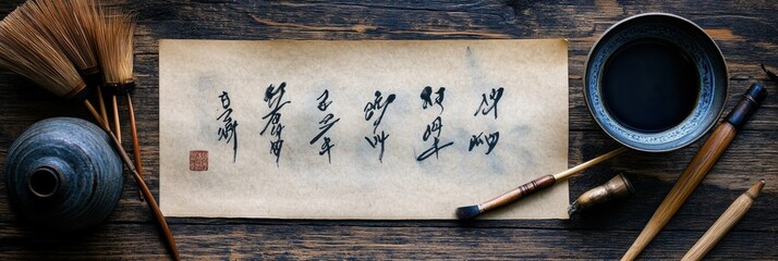 Poster - Chinese calligraphy on parchment surrounded by traditional tools and inkwell on wooden desk. Generative AI