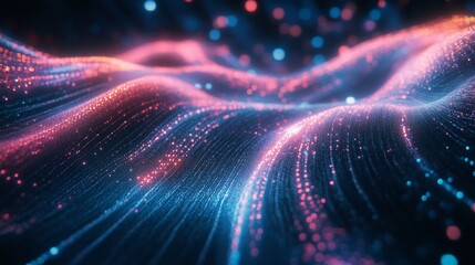 Poster - Abstract digital wave with glowing particles in red and blue creating a futuristic design