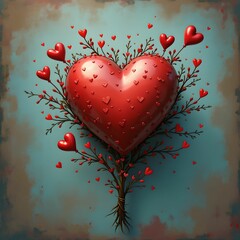 Aufkleber - a red heart-shaped flower with small red leaves and petals, set against a textured blue background.