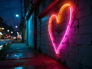 Poster - a neon pink heart-shaped sign lighting up a brick wall at night, with reflections visible on the wet pavement and street lights in the background.