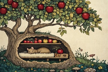 Poster - Cozy mouse resting in a hollow tree surrounded by apples in a whimsical garden setting. Generative AI