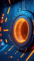 Poster - Closeup of advanced space technology on a spacecraft illuminated by leds medium angle focus on details
