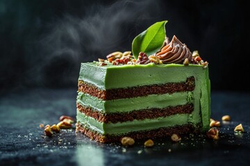 Canvas Print - Green cake with chocolate frosting and nuts