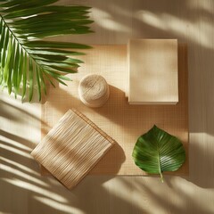 Poster - Closeup of biodegradable materials on wooden table in natural light textured environment from above