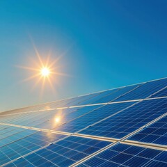 Poster - Closeup of solar panels shining in bright sunlight birdseye view green technology impact clear day