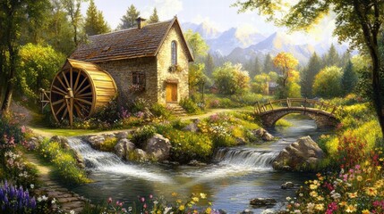 Leinwandbilder - Charming rural scene with a watermill near a stream surrounded by vibrant flowers and mountains in the background. Generative AI