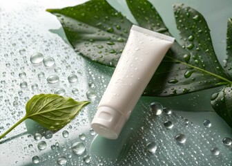 Poster -  a tube of white cream placed among green leaves on a wet surface with water droplets.