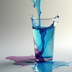 Poster - glass containing a blue liquid, with a splash of another liquid, possibly purple, splashing out of the glass onto the surface. The background appears to be a neutral or light-colored gradient.