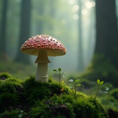 Poster - a red and white mushroom growing on a bed of green moss in a forest setting with greenery and trees in the background.