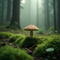 Aufkleber - a brown mushroom growing on a green moss covered ground in the center of the image.
