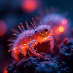 Aufkleber - a small, brightly colored insect with numerous spines on its body, perched on a dark, rocky surface. The background is blurred with out-of-focus lights creating a bokeh effect, highlighting the insect