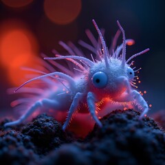Aufkleber - a colorful, fantastical creature with multiple arms and a prominent eye, surrounded by an abstract, blurred background with bokeh effects.