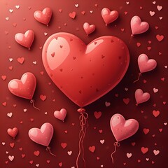 Aufkleber - collection of red heart-shaped balloons and confetti scattered across a red background.