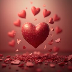 Aufkleber - a large, red heart surrounded by smaller red hearts and heart-shaped confetti, all set against a gradient background that transitions from dark red at the top to lighter red at the bottom.