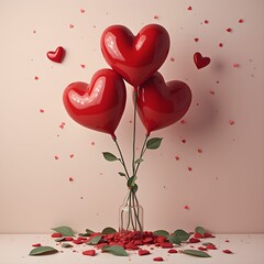 Aufkleber - a vase with a flower and a heart-shaped balloon, surrounded by small heart-shaped decorations, set against a pink background.