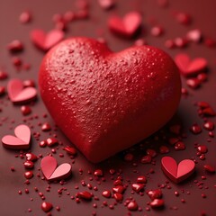 Aufkleber - a large, shiny red heart with small, scattered red hearts around it, all set against a dark red background.