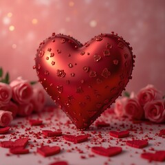 Aufkleber - A red heart with glitter and small hearts is surrounded by red confetti and pink roses against a pink blurred background.