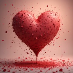 Aufkleber - a three-dimensional, abstract red heart shape with a textured, granular surface. It appears to be levitating in the air with small red particles or pieces scattered around it.