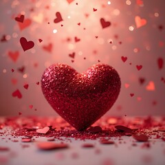 Aufkleber - a large red glittering heart sitting atop a red surface, with smaller red hearts floating around it and covering the background.
