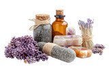 A serene arrangement of lavender, stones, and essential oil bottles, perfect for promoting relaxation and wellness in a tranquil environment.