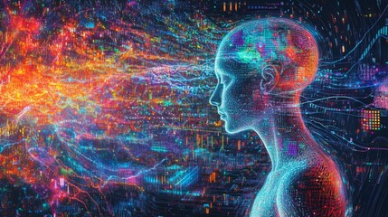 Aufkleber - A vivid digital representation of a humanoid figure with colorful, flowing data streams emanating from its head, symbolizing intelligence and technology.