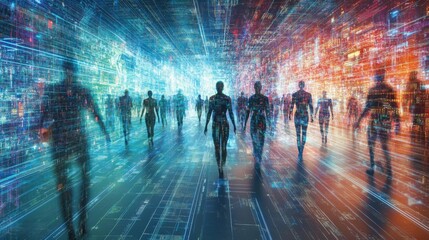 Aufkleber - A vivid digital landscape with silhouettes of figures walking through a corridor of light and data streams, symbolizing technology and connection.