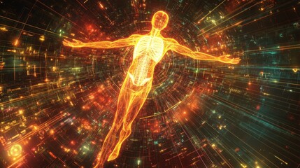 Poster - A glowing, abstract figure appears to be floating in a vibrant, digital space filled with colorful lights and energy.