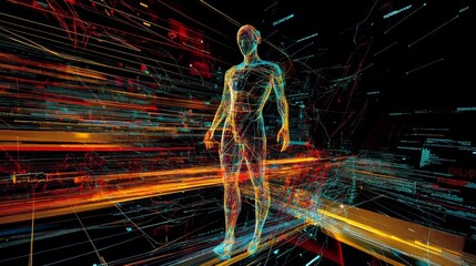Aufkleber - A digital representation of a human figure surrounded by vibrant lines and data, symbolizing the fusion of technology and the human body.