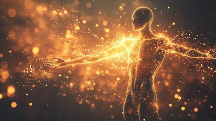 Leinwandbilder - A glowing figure surrounded by radiant energy, symbolizing vitality, creativity, and the interconnectedness of life.