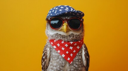 A stylish owl wearing a blue cap and sunglasses, adorned with a red bandana, against a vibrant yellow background.