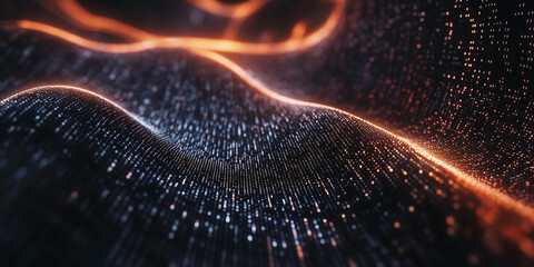 Poster - Abstract glowing data stream with orange particles and digital motion
